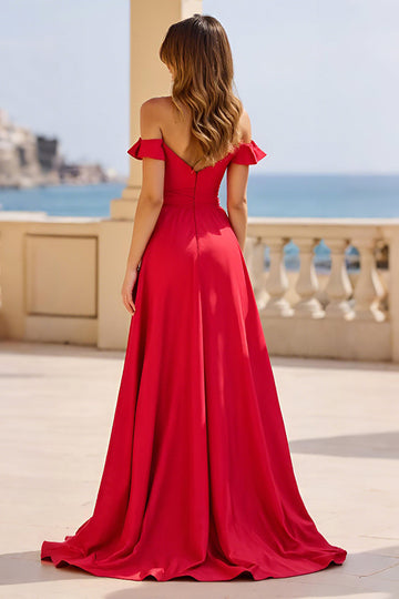 Red A Line Off the Shoulder Satin Long Prom Dress with Slit